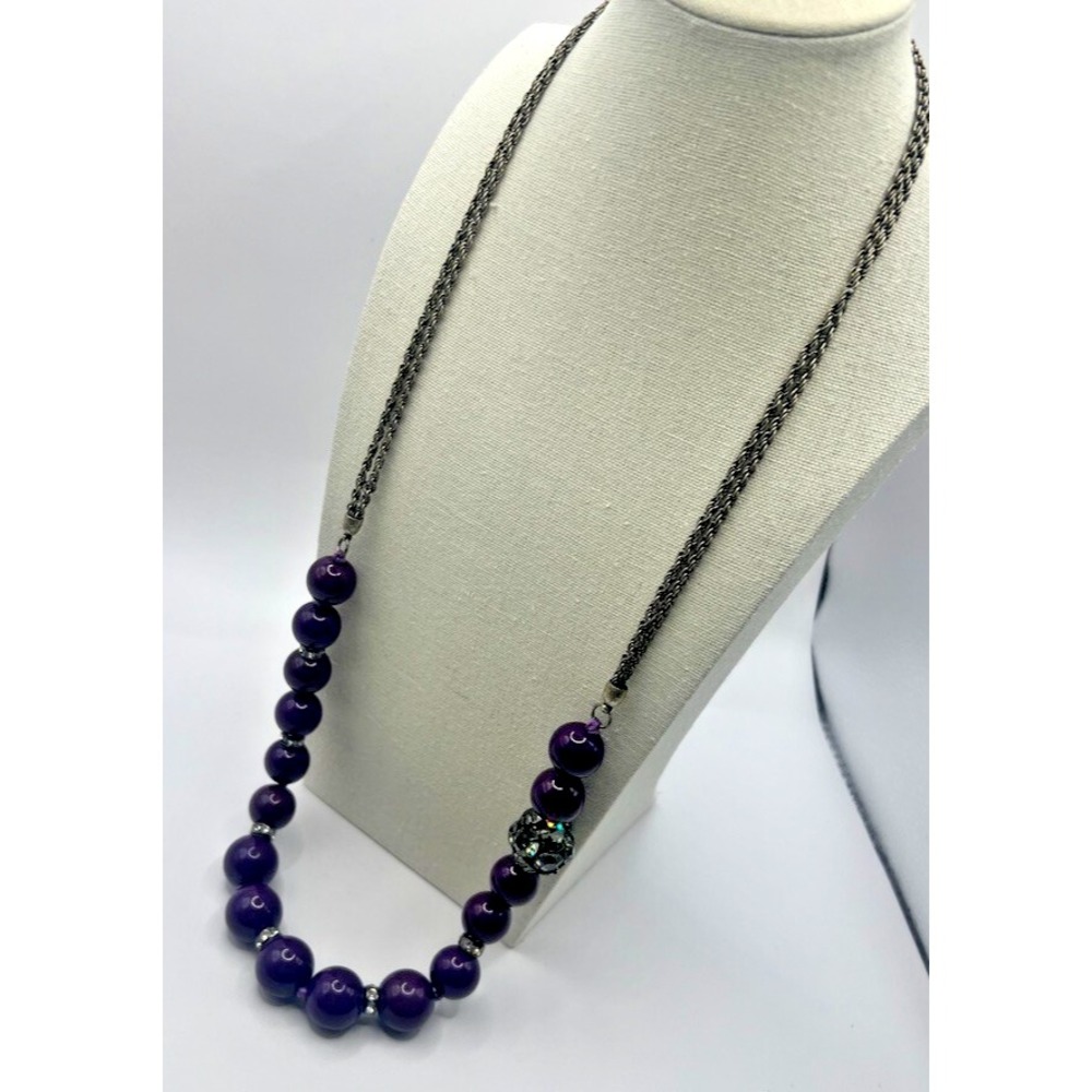 Banana Republic Gunmetal Silver Purple Beads Rhinestone MultiStrand Necklace 26"